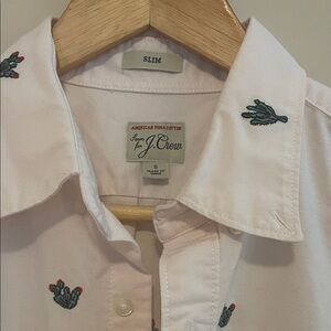 J. Crew White Button-Down Shirt with Green & Red Cactus Embroidery